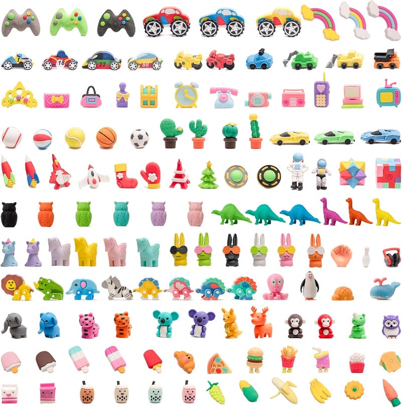 Clock King 132pcs 3D Cute Kids Erasers, Random Desktop Pet Toys Gifts, Classroom Rewards Kids Party Gifts, Various Styles Such as Animals, Food, Plants, Space, Princess, Sports, Halloween, Christmas - Image 1